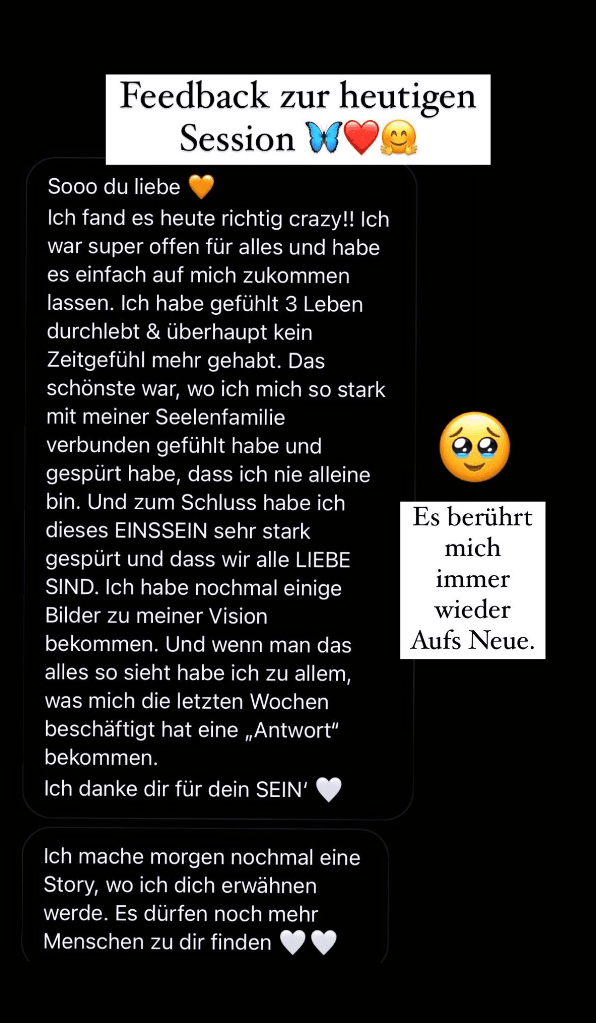 Session-Feedback: Teilnehmerin erlebte 3 Leben, tiefe Verbindung zur Seelenfamilie, spürte Einssein und dass wir alle Liebe sind