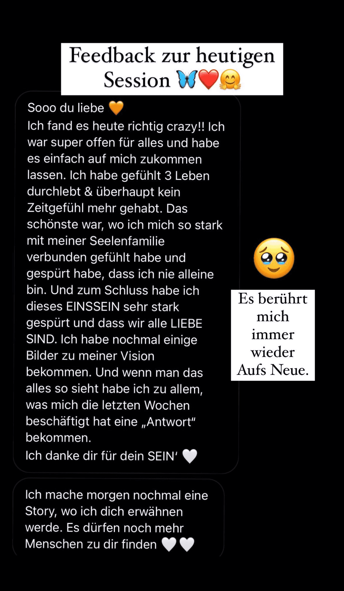 Session-Feedback: Teilnehmerin erlebte 3 Leben, tiefe Verbindung zur Seelenfamilie, spürte Einssein und dass wir alle Liebe sind