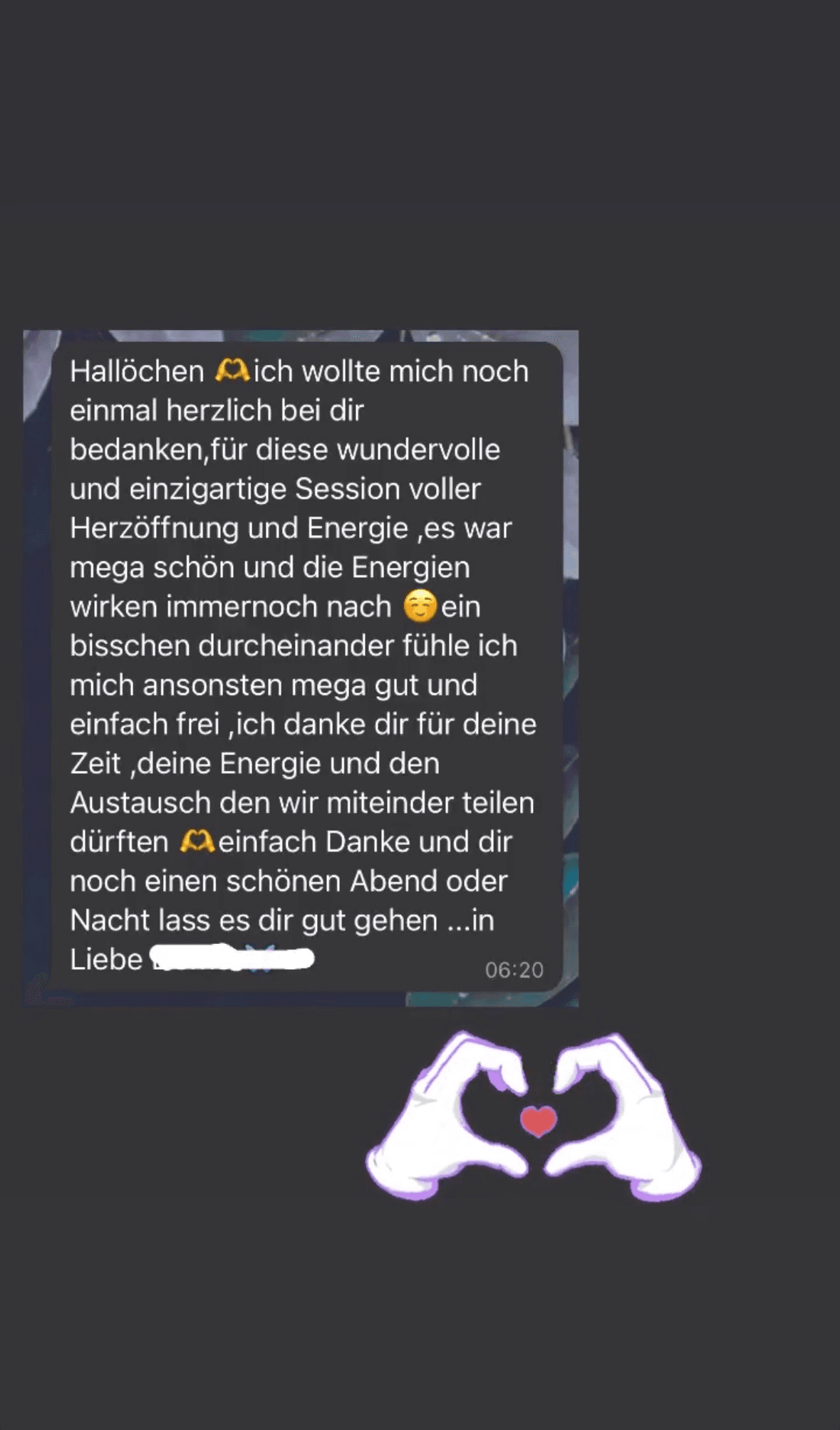 Dankesnachricht für herzöffnende Session voller Energie, Teilnehmerin fühlt sich frei und mega gut