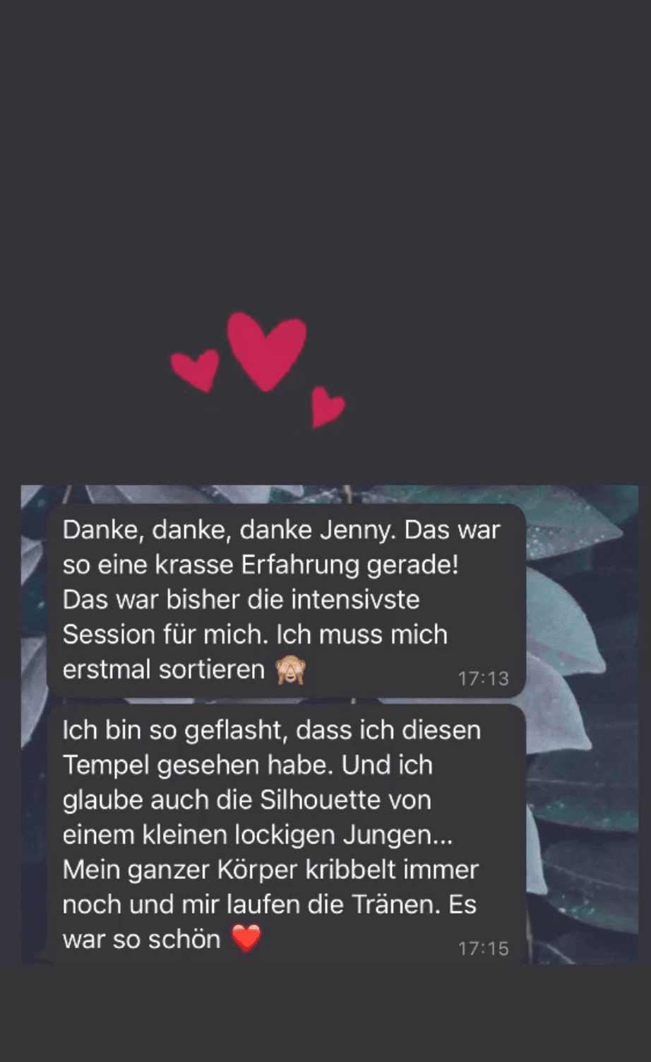 Dankesnachricht: Kundin beschreibt intensivste Session mit Tempel-Vision und Silhouette eines kleinen lockigen Jungen, Körper kribbelt noch