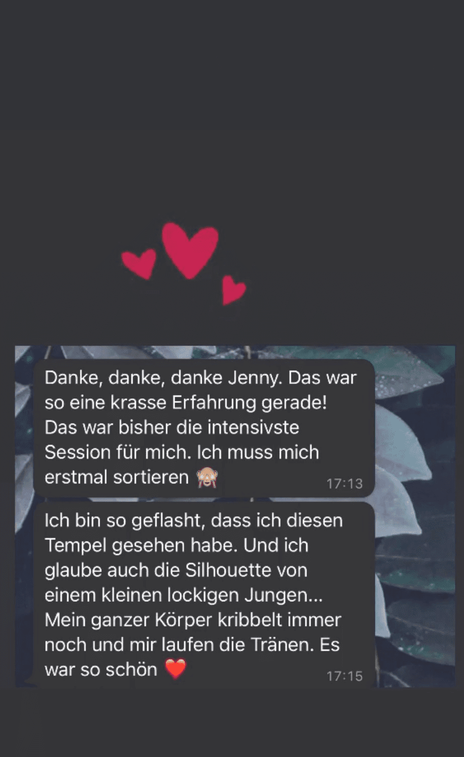 Dankesnachricht: Kundin beschreibt intensivste Session mit Tempel-Vision und Silhouette eines kleinen lockigen Jungen, Körper kribbelt noch