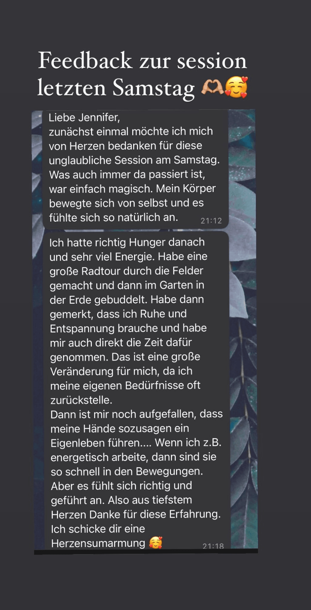 Feedback zur Samstag-Session: Magische Erfahrung, Körper bewegte sich von selbst, Hände führen Eigenleben beim energetischen Arbeiten